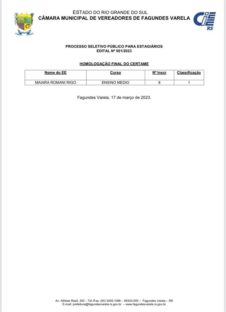 CLASSIFICAÇÃO FINAL - PROCESSO SELETIVO ESTAGIÁRIO