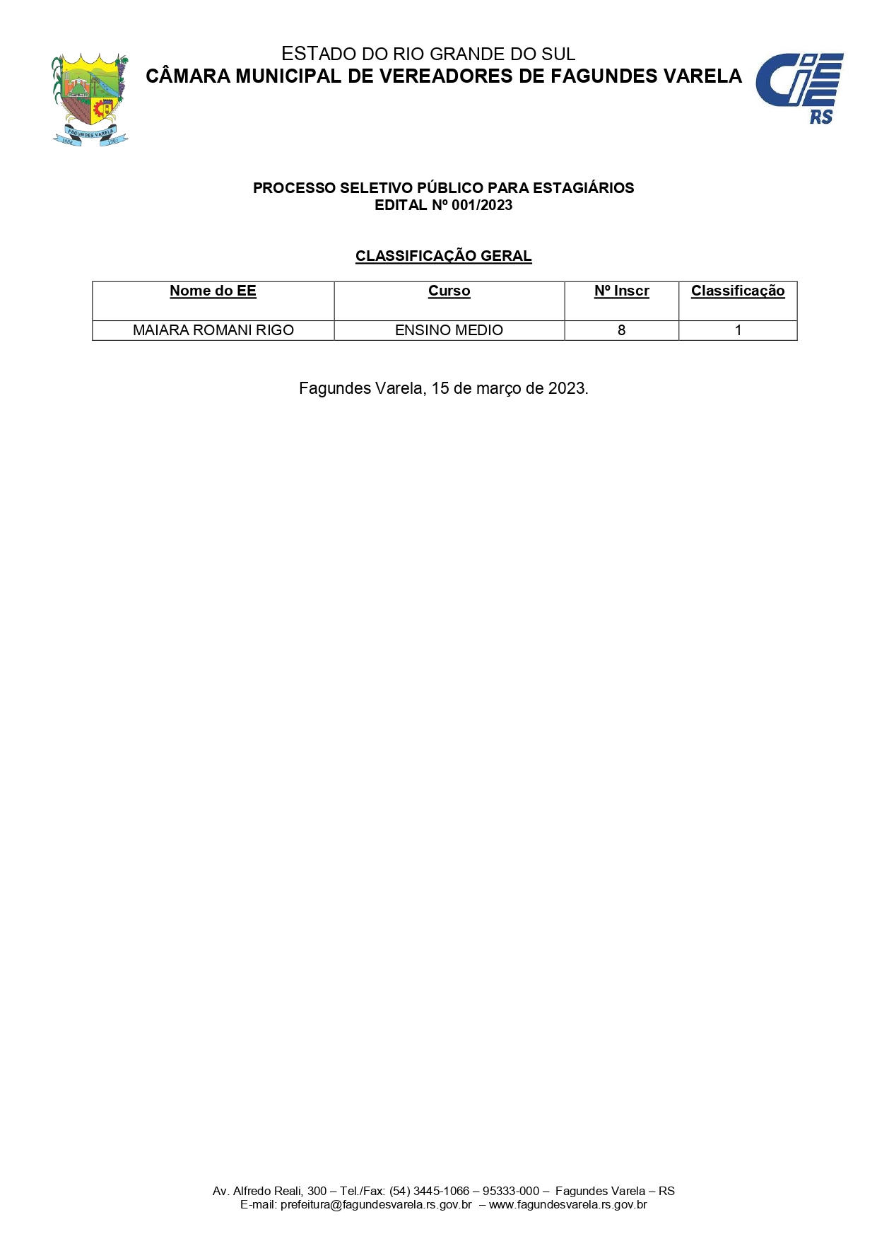 CLASSIFICAÇÃO GERAL - PROCESSO SELETIVO ESTAGIÁRIO